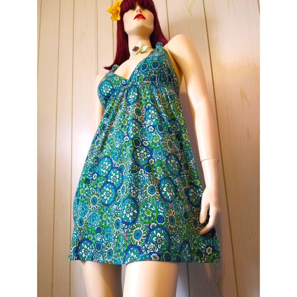 Vintage 90s Groovy Floral Print Babydoll Coquette Halter Mini Dress